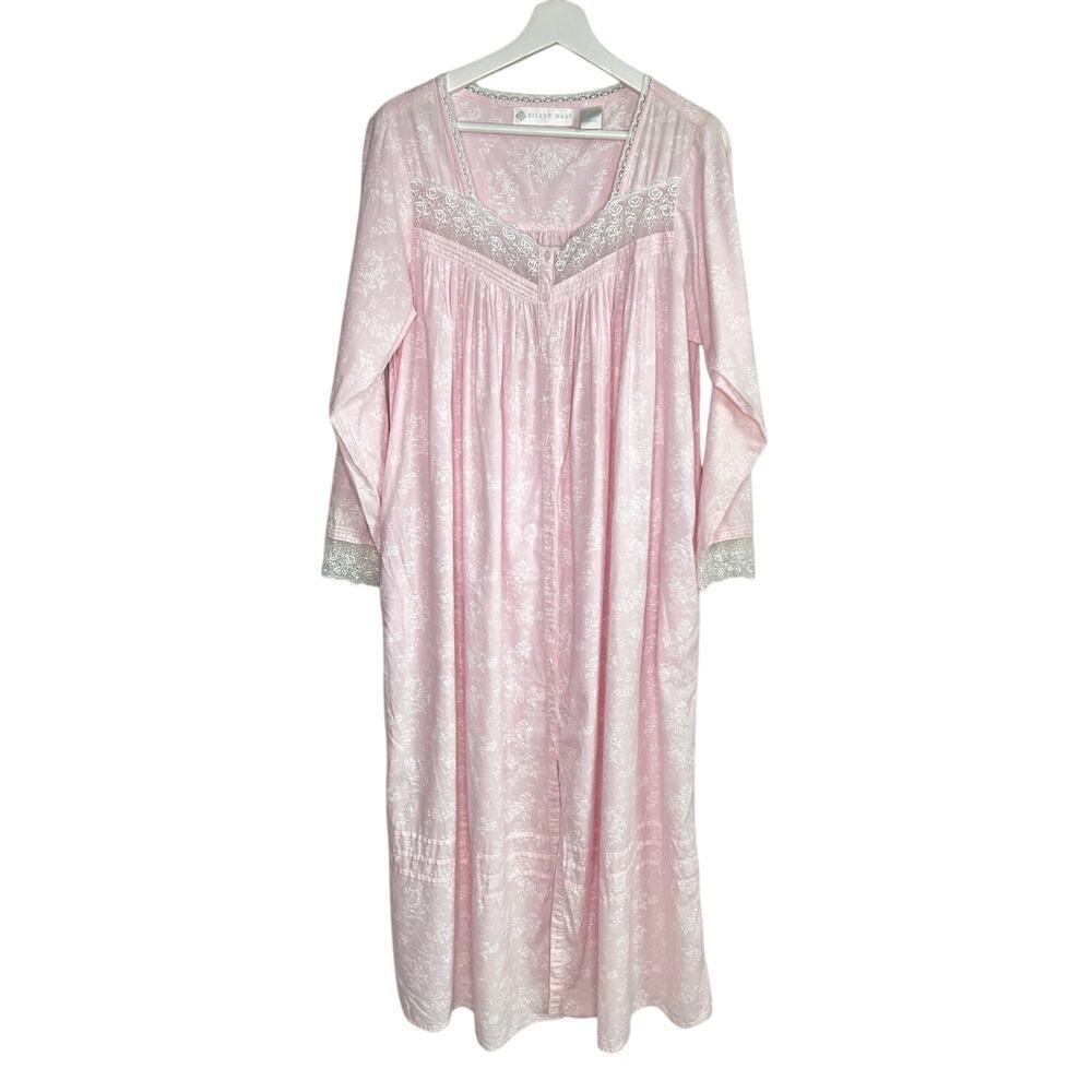 Eileen West Vintage Cotton Long Sleeve Lace Trim Button Front Nightgown Pink S